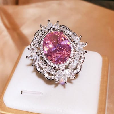 Zilveren ring, nieuwe druppelvormige ring met roze zirkonia en volledig bezet met diamanten, perfect als openingsring voor dames, ideaal als feest- of huwelijkssieraad. resizable gray