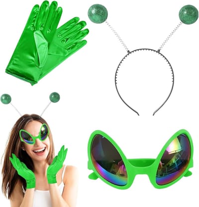 Drie-delige Alien Kostuum met Regenbooglenzen Zonnebril, Haarband en Accessoires voor Halloween en Carnaval Feesten