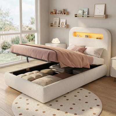 BLACKCOLORS Gestoffeerd bed, eenpersoonsbed, kinderbed 90 x 200 cm, hydraulisch functioneel bed, bed met lattenbodem, hoofdeinde en grote opbergruimte, ledverlichting, massief houten poten, wit, bouclé