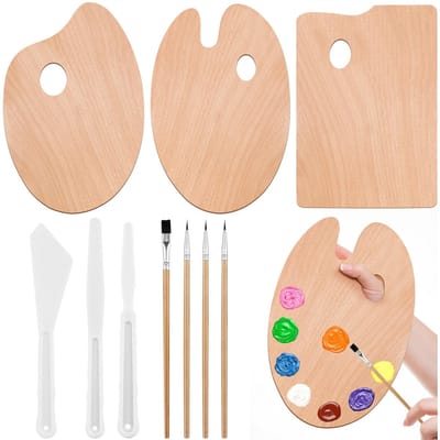 Dailygoods- Mengpalet 10 Stuks - Houten Palet - 3 Vormen - 30 x 20 cm - Schildermes - Borstels Acrylverf - Compleet Set - Schilderspalet