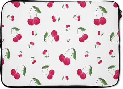 Laptophoes 14 inch - Kersen - Waterverf - Design - Laptop sleeve - Binnenmaat 33x23 cm - Zwarte achterkant
