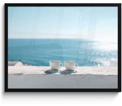 Poster in lijst - Fotolijst 80x60 cm - Posters - Zee - Koffiekopjes - Zomers - Posterlijst zwart - Decoratie - Wanddecoratie woonkamer - Muurdecoratie slaapkamer