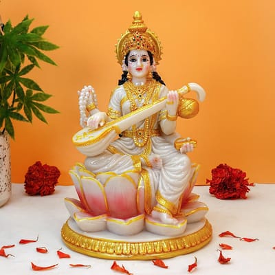 Dailygoods- Saraswati Standbeeld 8,7 inch - Marmeren Look - Hindoe-Godin Beeldje - Spirituele Decoratie - Altaarheiligdom - Pooja Item