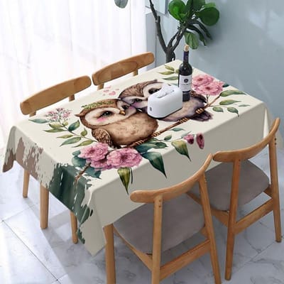 Nappe en Polyester, Motif Deux Hiboux sur Branches Fleuries Aquarelle Housse de Table, pour Décoration de Maison Cuisine Salle à Manger Fête 145X200CM