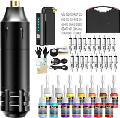 DD Tattoo Machine - Complete Set - Tattoo Pen - 20 Stuks Cartridge 14 Inkten - 30x26x10cm - Zwart