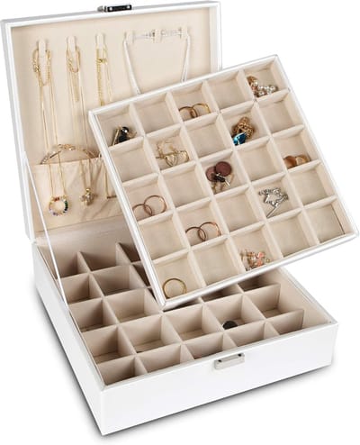 Oorbel Organizer voor Sieraden - Dubbellaags Opbergtas met 50 Slots en Kettinghaken (Wit)