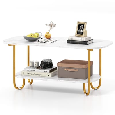 COSTWAY Salontafel, goudkleurig, bijzettafel, marmerlook, koffietafel met metalen frame, woonkamertafel, hout, banktafel voor woonkamer, woonkamer, 100 x 50 x 45 cm, modern