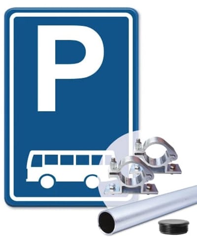 Parkeerbord Bus - blauw - Weerbestendig Aluminium - 30x45 cm - Bevestiging: Met paal 150 cm + paalbeugels + paaldop