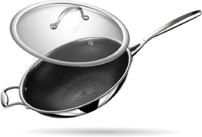 Stahl - Triply Wokpan met Steel - Hexagon Anti Aanbaklaag - Met Glazen Deksel - 26 cm - Geschikt voor Inductie - Voor 3-4 Personen - Pan & Kookpan - RVS