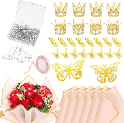 141 stuks bloemen boeket accessoires, diamanten kop rechte pinnen mini kroon taart toppers bloem inpakpapier vlinder muur decor lint voor verjaardag bruiloft feest decoratie... (roségoud)