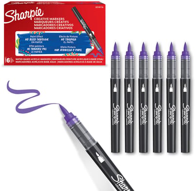 Sharpie Creative Marker Acrylverfmarkers | Brushtip | Verfmarkers op waterbasis | Inkt loopt niet door en geschikt voor de meeste oppervlakken | Lila | 6 stuks