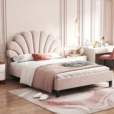 Gestoffeerd tweepersoonsbed met bloemvormig hoofdeinde - Voor volwassenen, tieners en gasten 140x200 cm - Beige - Huidvriendelijk fluweel - 12 verstevigde latten - 250 kg draagvermogen - Geen boxspring nodig