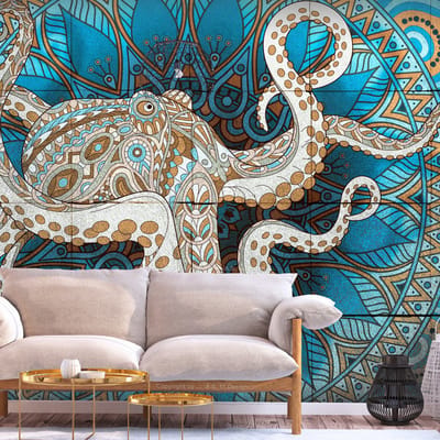 200cm X 140cm - Fotobehang - Zen Octopus , Mandala, premium print vliesbehang