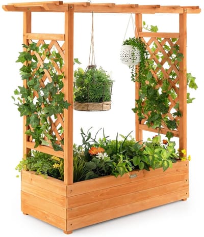 Plantenbak met klimrek - Bloembak - Weerbestendig - Met trellis - Buiten - Hout - Plantenrek - 51 Liter - Bruin