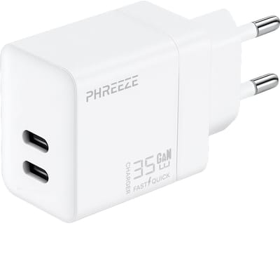 Usb C adapter 2 poorten - 35w - Slimme verdeling - Usb C lader - Snellader - Gan charger - Wit - Phreeze