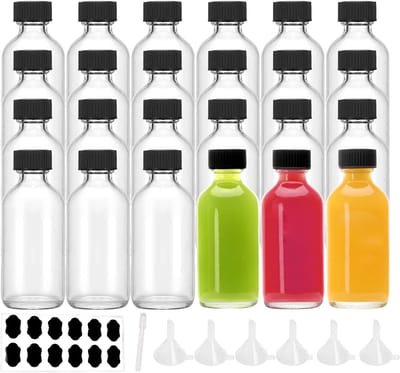 Famanu – Set van 24 mini-glazen flesjes 60 ml met trechter, lekvrij en herbruikbaar, geschikt voor o