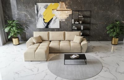 Hoekbank Slaapbank met Opbergruimte L-Vorm 289x189 cm – Luxe Fluwelen Uittrekbare Hoekbank met Bedfunctie & Inclusief Kussens – Crème2 Beige – Novihome