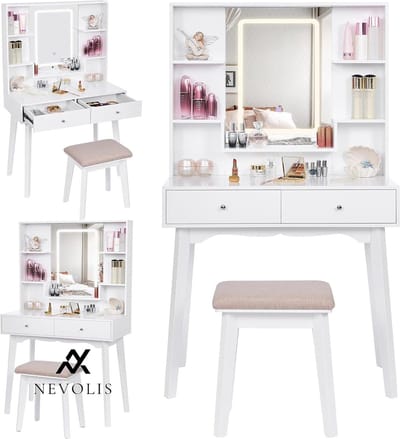 Nevolis Make-uptafel met verlichting en kruk - LED-verlichting - 5 laden - meisjes kaptafel - wit .