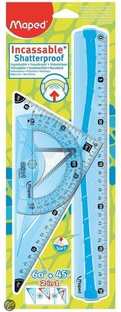 Flex tekenset - 1 x liniaal 30 cm - 1 x 2-in-1  driehoek - 1 x gradenboog 180°