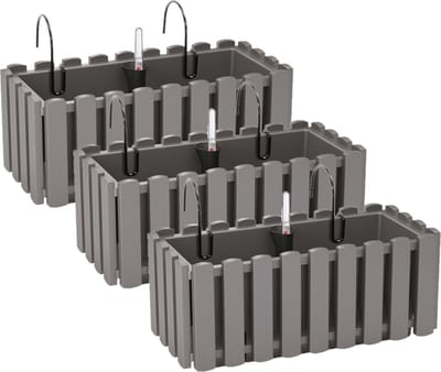 3x stuks fence-look plantenbak/bloembak - kunststof - 38 x 18 x 16 cm - grijs - hangend - voor binnen en buiten