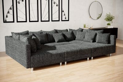 hoekbank denver U- volledig zwart stof- met poef (hocker)- hoeksalon denver wooneiland + poef - seatsandbeds