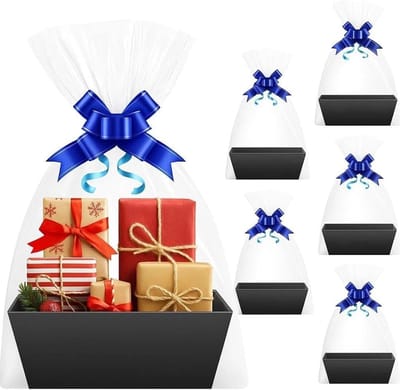 Lege geschenkmand met handvat in zwart kraftpapier, ideaal voor bruiloften, verjaardagen en feestdagen met 5 krimpfolies en strikken