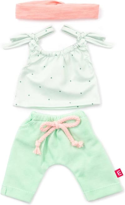 ML Poppen: KLEDIJ SET groen/roos voor meisje 38cm, 3-delig, topje, broek en  haarlint, met kleerhanger, 3+
