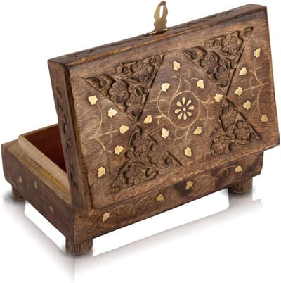 Houten Sieradendoos - Opbergdoos Aandenken - Sieraden Organiseren - Handgemaakt Bloemenmotief - 20 x 13 cm - Bruin Goud Rood