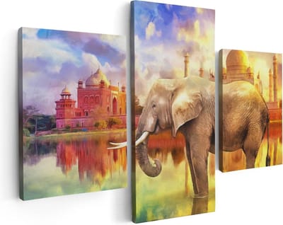 Artaza Canvas Schilderij Drieluik Getekende Olifant Bij Taj Mahal - Abstract - 90x60 - Foto Op Canvas - Canvas Print