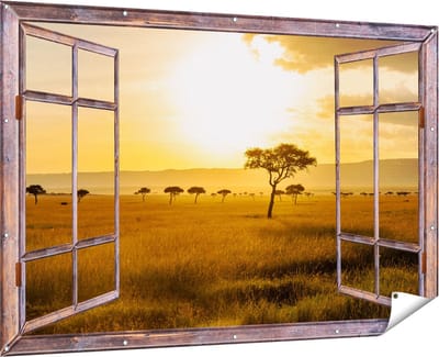 Gards Tuinposter Doorkijk Zonsondergang in de Savanne - 180x120 cm - Tuindoek - Tuindecoratie - Wanddecoratie buiten - Tuinschilderij