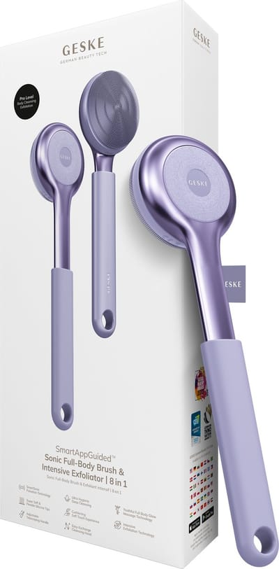GESKE Sonic Full-Body Brush & Intensive Exfoliator | 8 in 1 | Reinigingsborstel | Met SmartSonic-pulsaties | Diepe reiniging, peeling, massage | Uitschuifbare handgreep | Ruwe huidverwijderaar