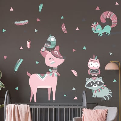 Muurstickers - Dieren en Indiase veren - Zelfklevende stickers - 120x90cm