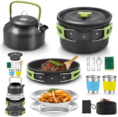 Unyqoos ® Complete 16-delige Outdoor Kookset voor Kamperen met Inklapbare Handgrepen en Accessoires