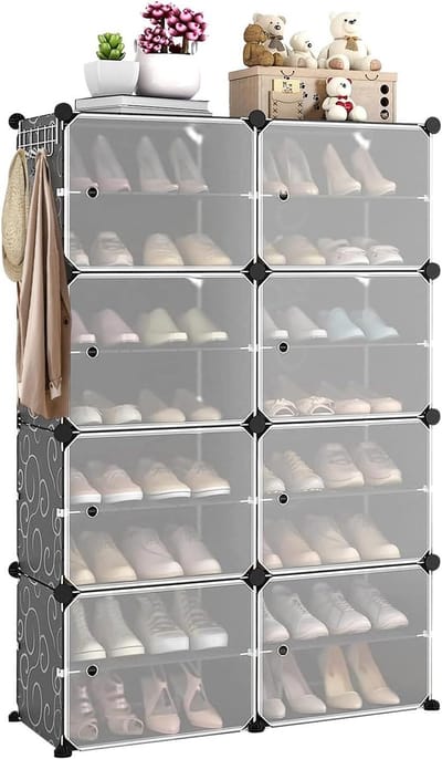 Schoenenrek met Haken - Schoenenkast Organiser - Schoenen Opbergen - 8 Niveaus - 83x32x125.5 cm - Wit