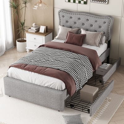 Sweiko 90*200 cm plat bed, Gewatteerd bed, nachtkastbekleding met decoratieve klinknagels, dubbele laden, grijs
