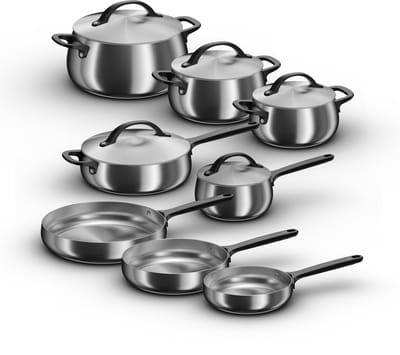 BergHOFF Home Belly Pannenset 13-delig – Luxe RVS Kookset – Steelpan 16cm, Kookpotten 18/20/24cm, Hapjespan 24cm + 5 Deksels – Inclusief Koekenpannen 20/24/28cm – PFAS-Vrij & Inductie – Smokey Black