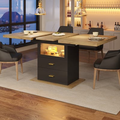 Wishdor - Uitschuifbare Eettafel - 2 Laden En Ledverlichting - MDF En Metaal - Houtkleur En Zwart - 110-140 X 80 X 75 Cm