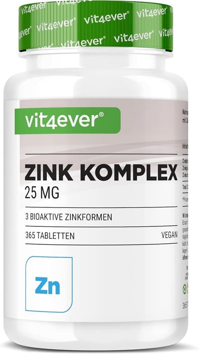 Zink Complex 25mg - 365 Tabletten - Met 3 bioactieve vormen van zink (zinkbisglycinaat, zinkgluconaat, zinkcitraat) - 1 jaarvoorraad - Hooggedoseerd - Veganistisch