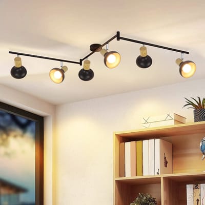 NETTLIFE Opbouwspot - E14 Fitting - 6-Lichts - zwart - L 150cm - met Hout ontwerp - Metaal - Moderne Plafondlamp - 350° draaibar Plafondspot - voor Keuken | Hal | Woonkamer - Zonder lamp