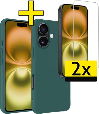Hoesje - Met 2x Screenprotector - Geschikt voor Apple iPhone 16 - Sterk & Shockproof - Back Cover - Siliconen Case - Telefoon Hoes - Telefoonhoesjes - Donkergroen