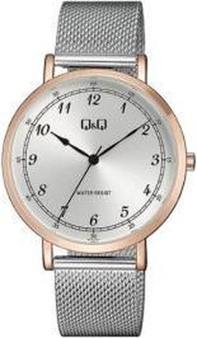 Q&Q QA20J074Y - Horloge - Analoog - Mannen - Heren - Mesh/Milanese band - Rond - Metaal - Cijfers - Zilverkleurig - Rosékleurig - 3ATM