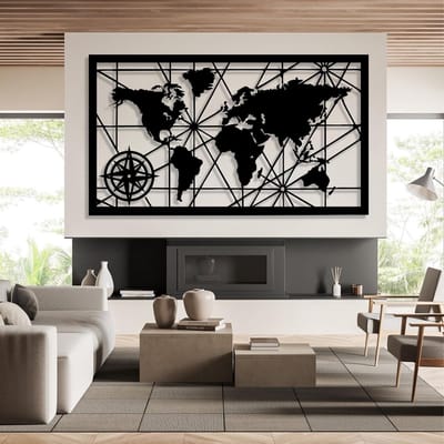 Metalen Muurdecoratie - Wereldkaart Kompas - Woonkamer Decoratie - Gedetailleerd Metaalontwerp - 105x60cm - Zwart