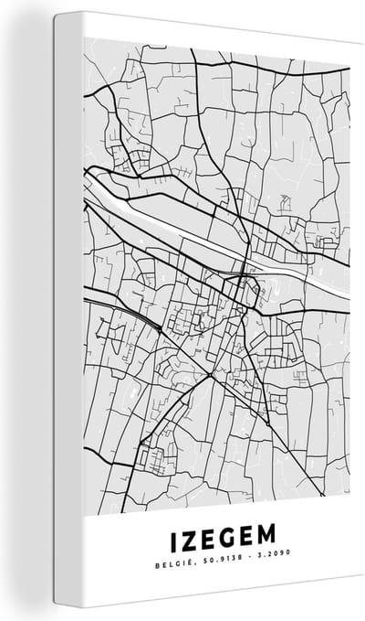 Canvas Schilderij Stadskaart – Zwart Wit - Kaart – Izegem – België – Plattegrond - 20x30 cm - Wanddecoratie