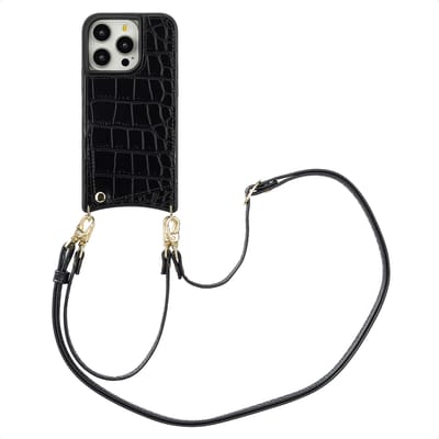 Selencia Hoesje - Geschikt voor Apple iPhone 14 Pro - Croco Backcover met koord en pashouder - Zwart