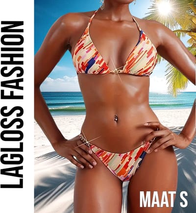 LaGloss® 2-Delige Bikini Set – Oranje Strepen Allover Print – Trendy & Sexy Badmode – Maat S