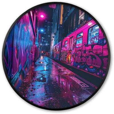 Poster in lijst Rond - Fotolijst 60x60 cm - Posters - Stad - Neon - Nacht - Roze - Graffiti - Ronde posterlijst zwart - Decoratie - Wanddecoratie woonkamer - Muurdecoratie slaapkamer