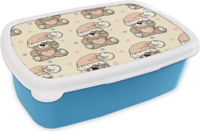 Broodtrommel Blauw - Lunchbox - Brooddoos - Knuffelbeer - Slaapmuts - Kinderen - Pastel - 18x12x6 cm - Kinderen - Jongen