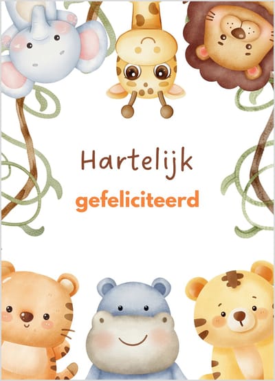 Wenskaart hartelijk gefeliciteerd kinderen wilde dieren – 10x15 cm – stevige kaart 400 grams – inclusief kraft envelop – verjaardagskaart kind