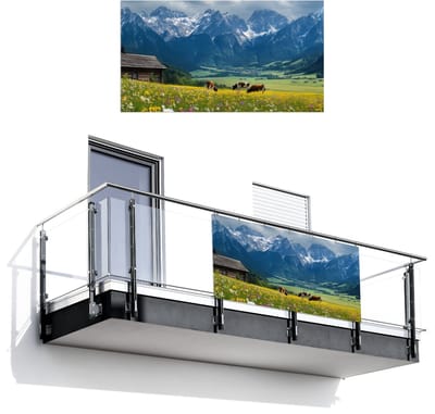 Balkonscherm 200x110 cm - Balkonposter Alpen - Weide - Bergen - Koeien - Balkon scherm decoratie - Balkonschermen - Balkondoek zonnescherm