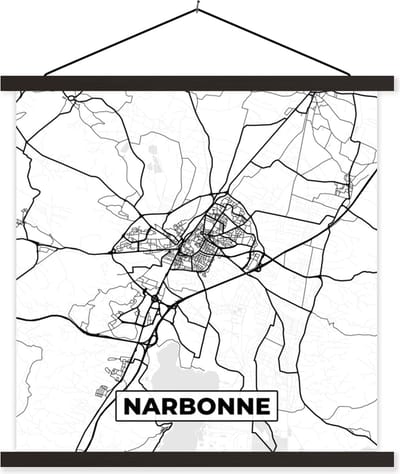 Posterhanger incl. Poster 60x60 cm - Schoolplaat - Stadskaart - Plattegrond - Narbonne - Kaart - Frankrijk - Zwart wit - Textielposter - Zwarte latten - Stadskaart